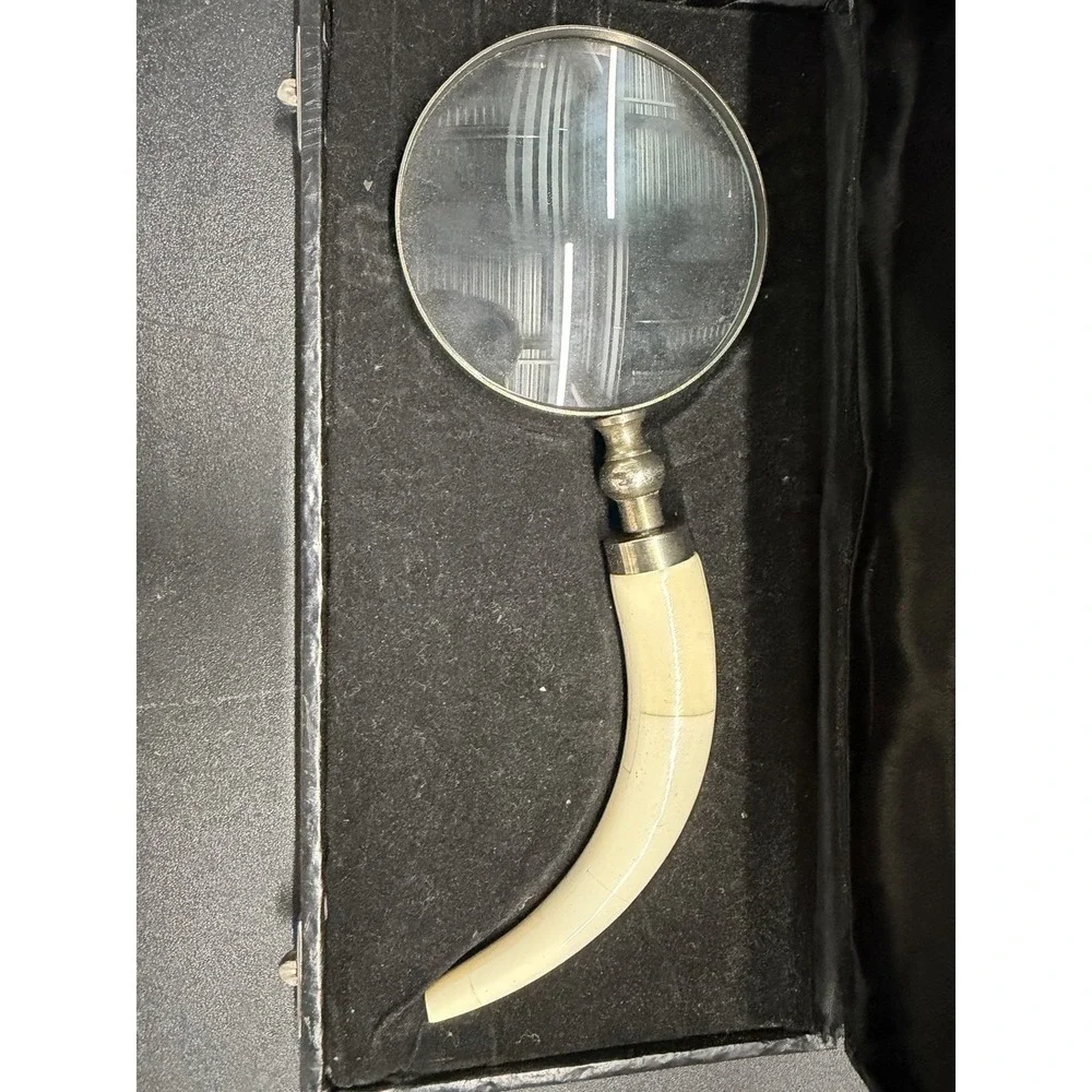 Vintage Tusk Style Handle Magnifying Glass Desk‎ Decor w/ Case